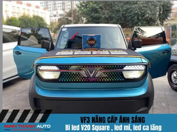 Vinfast VF3 xanh dương nâng cấp LED mặt ca lăng tại Minh Thành Auto