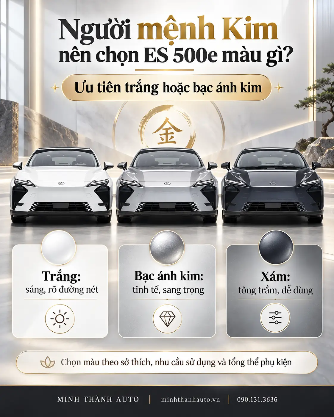 Gợi ý lựa chọn màu theo phong thủy xe Lexus ES 500e với người mệnh Kim