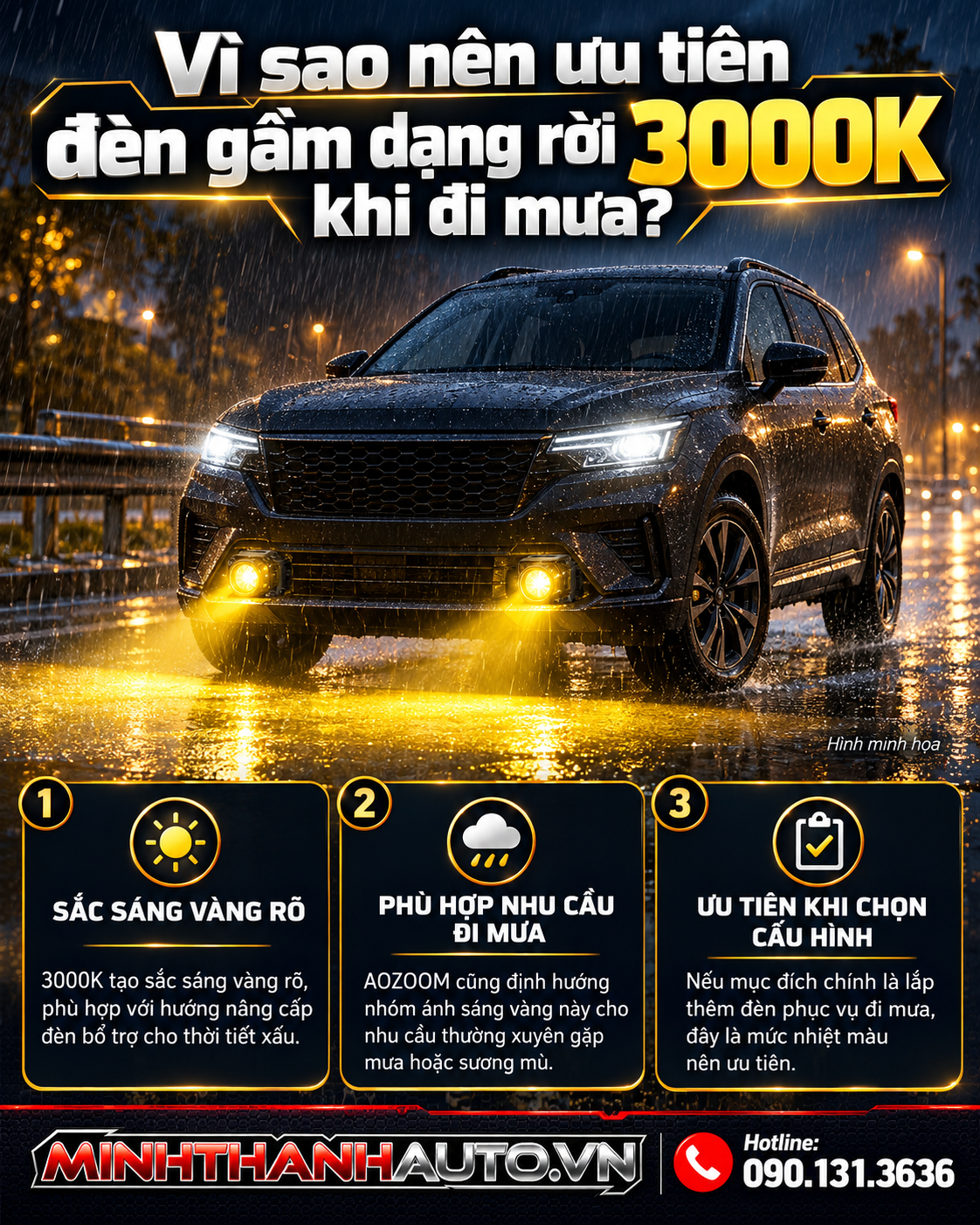 Nhiệt màu 3000k là câu trả lời ''Đèn gầm dạng rời đi mưa chọn màu nào?''